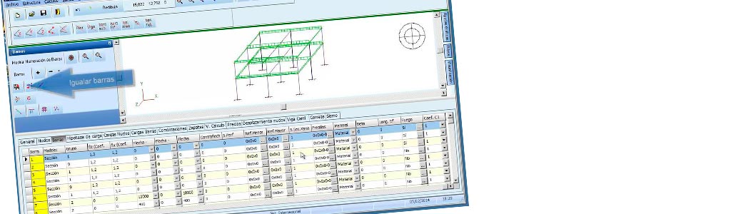 Pantalla de Metalpla con la tabla de barras y el modelo 3D de la estructura